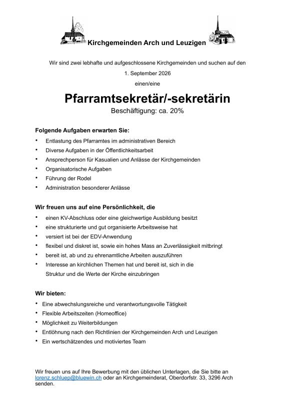 Stelleninserat Pfarramtsekretär/in